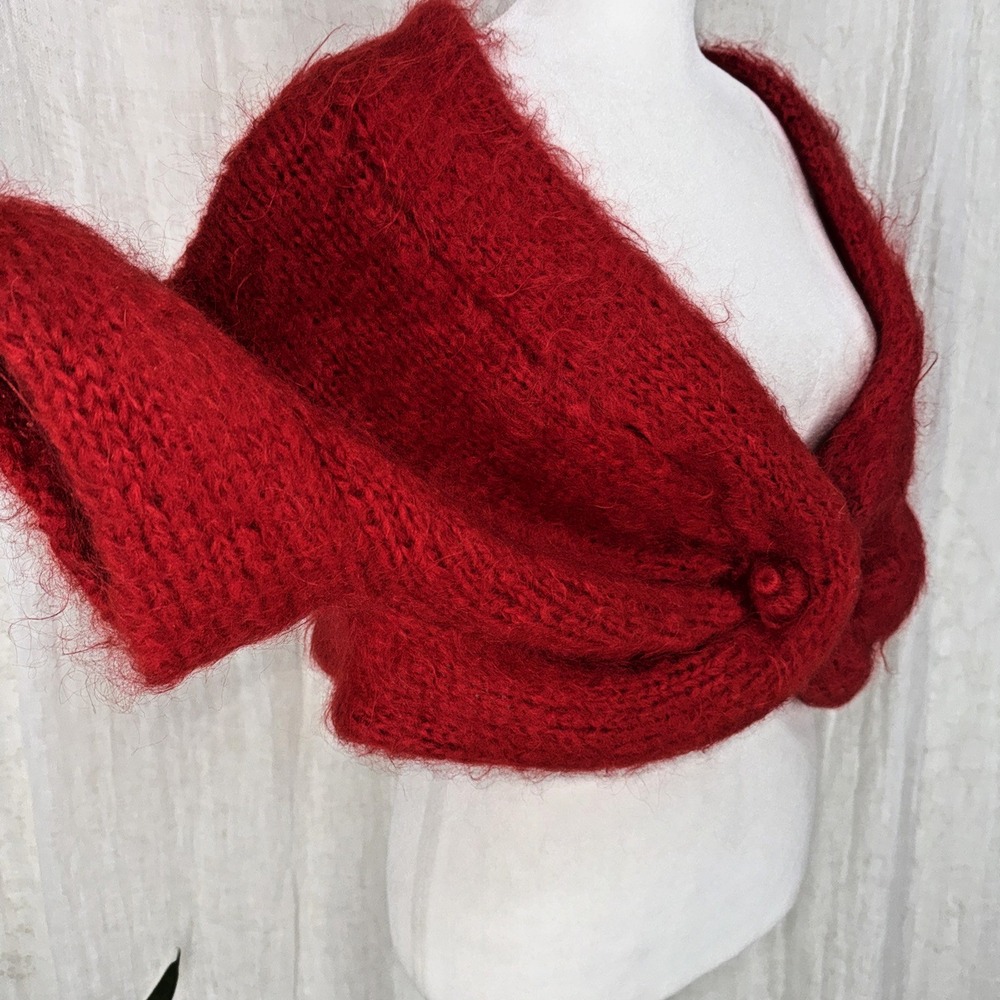 Vtg Red Hand Knit Mohair Shrug L Romantic Indie Twee Fuzzy Cozy Chunky Cardigan - Picture 3 of 7